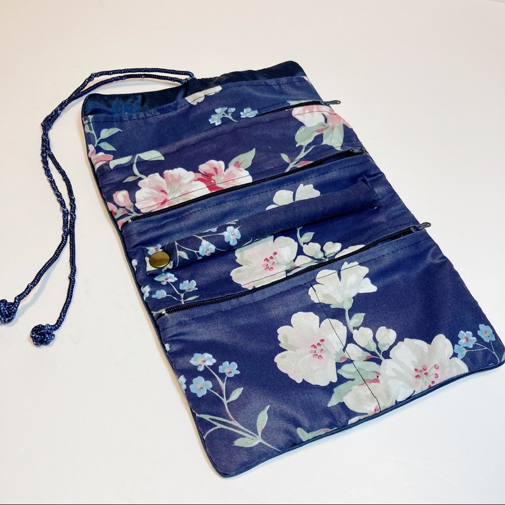 Blue Floral Fabric Jewelry Roll Travel Case Knotted Cord Ties